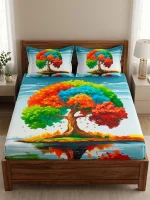 HomeTex Rainbow Tree Squared Premium Cotton Bedsheet Set | King Size | 1 Bedsheet + 2 Pillow Covers