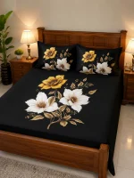 HomeTex Black Flower Squared Premium Cotton Bedsheet Set | King Size | 1 Bedsheet + 2 Pillow Covers