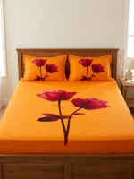 HomeTex Orange Rose Squared Premium Cotton Bedsheet Set | King Size | 1 Bedsheet + 2 Pillow Covers