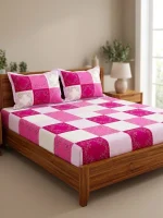 HomeTex Pink & White Squared Premium Cotton Bedsheet Set | King Size | 1 Bedsheet + 2 Pillow Covers