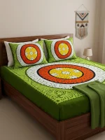 HomeTex Olive Circle Art Premium Cotton Bedsheet Set | King Size | 1 Bedsheet + 2 Pillow Covers