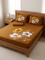HomeTex Brown Flower Premium Cotton Bedsheet Set | King Size | 1 Bedsheet + 2 Pillow Covers