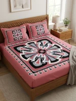 HomeTex Pink Art Squared Premium Cotton Bedsheet Set | King Size | 1 Bedsheet + 2 Pillow Covers