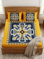 HomeTex Yellow Art Squared Premium Cotton Bedsheet Set | King Size | 1 Bedsheet + 2 Pillow Covers