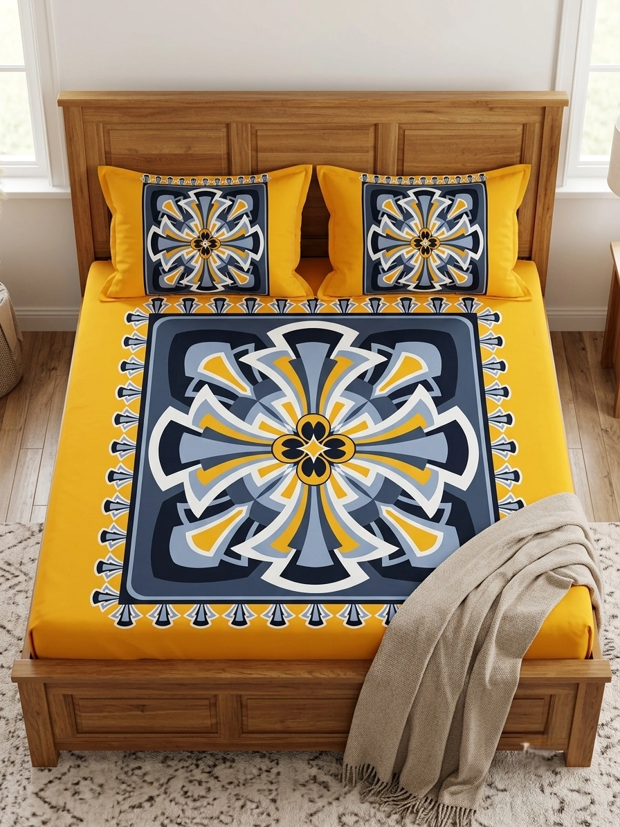 8-0 HomeTex Yellow Art Squared Premium Cotton Bedsheet Set | King Size | 1 Bedsheet + 2 Pillow Covers - Image 1