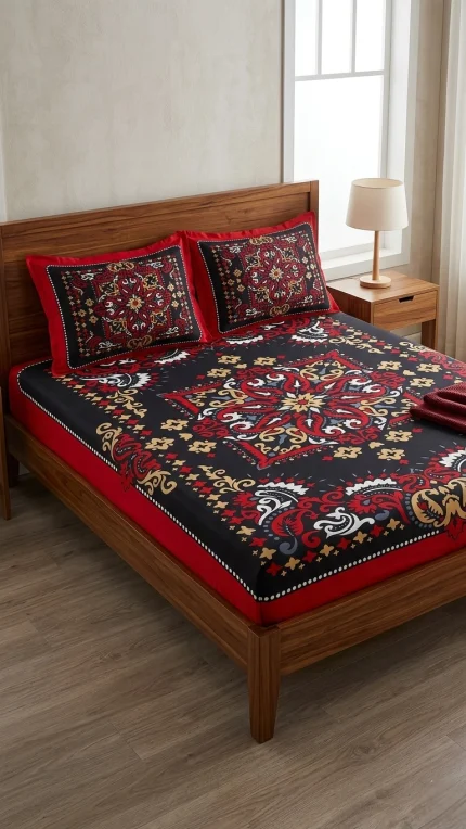 HomeTex Red Art Squared Premium Cotton Bedsheet Set | King Size | 1 Bedsheet + 2 Pillow Covers